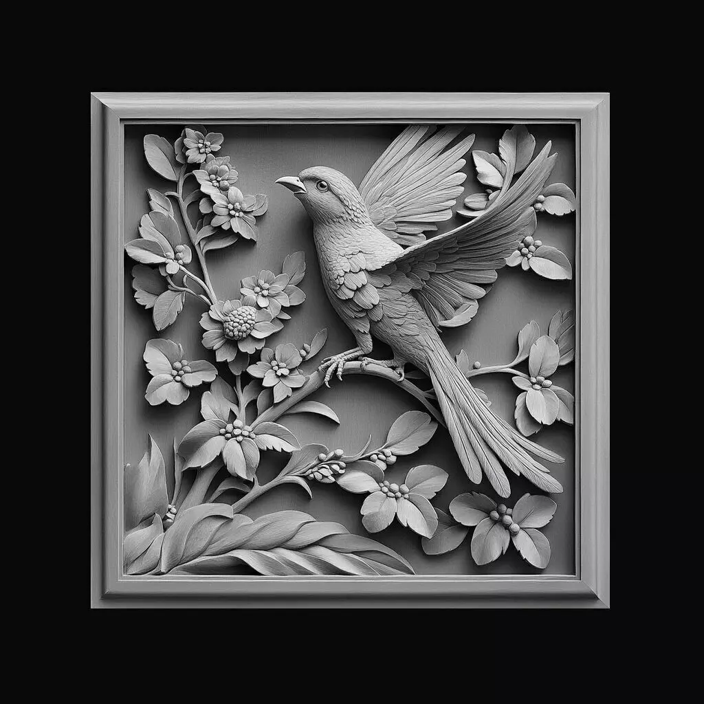 Bird Blossoms Relief 3D print model_0