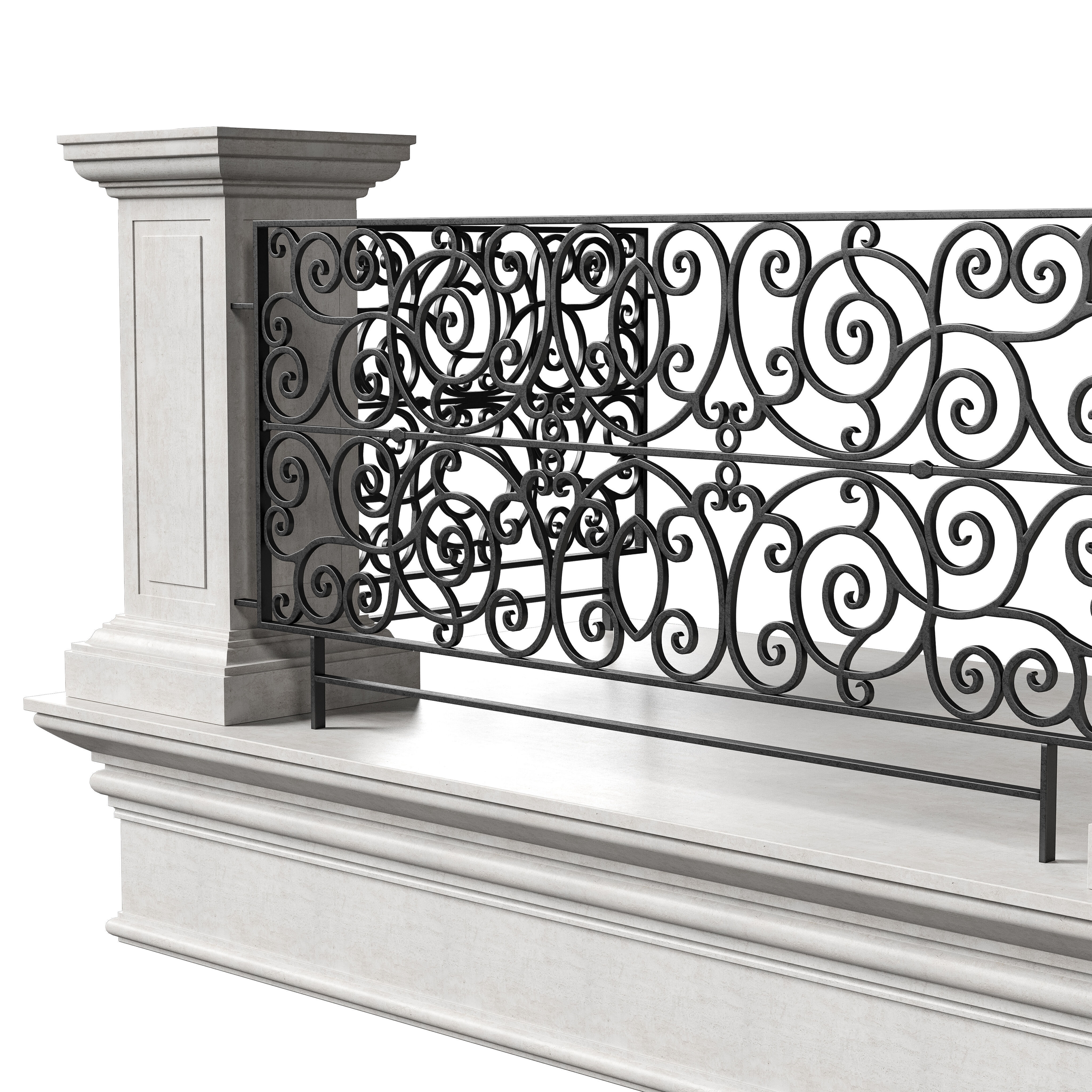 Classic Marble Balcony with Wrought Iron Railings 2 3D model_2