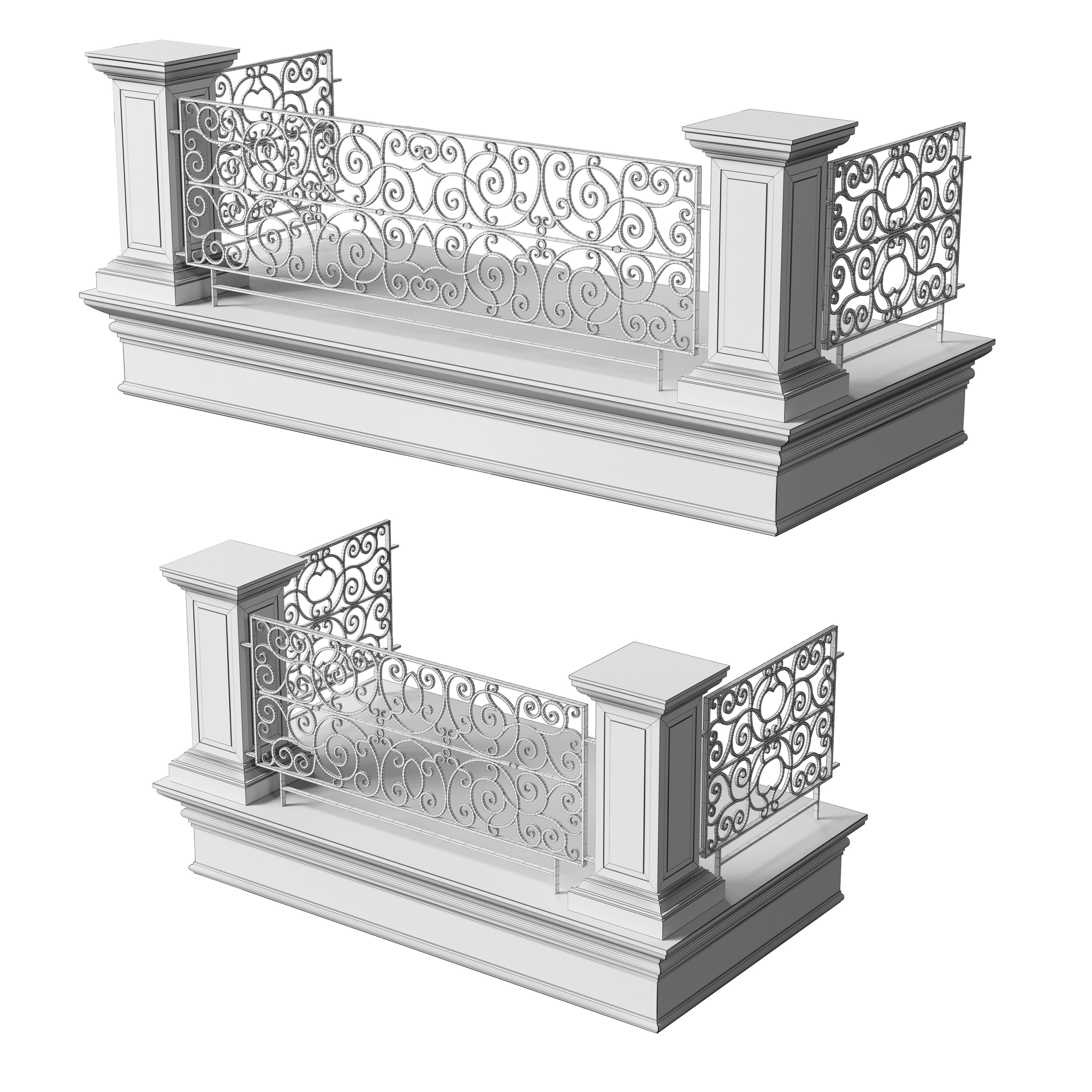 Classic Marble Balcony with Wrought Iron Railings 2 3D model_5