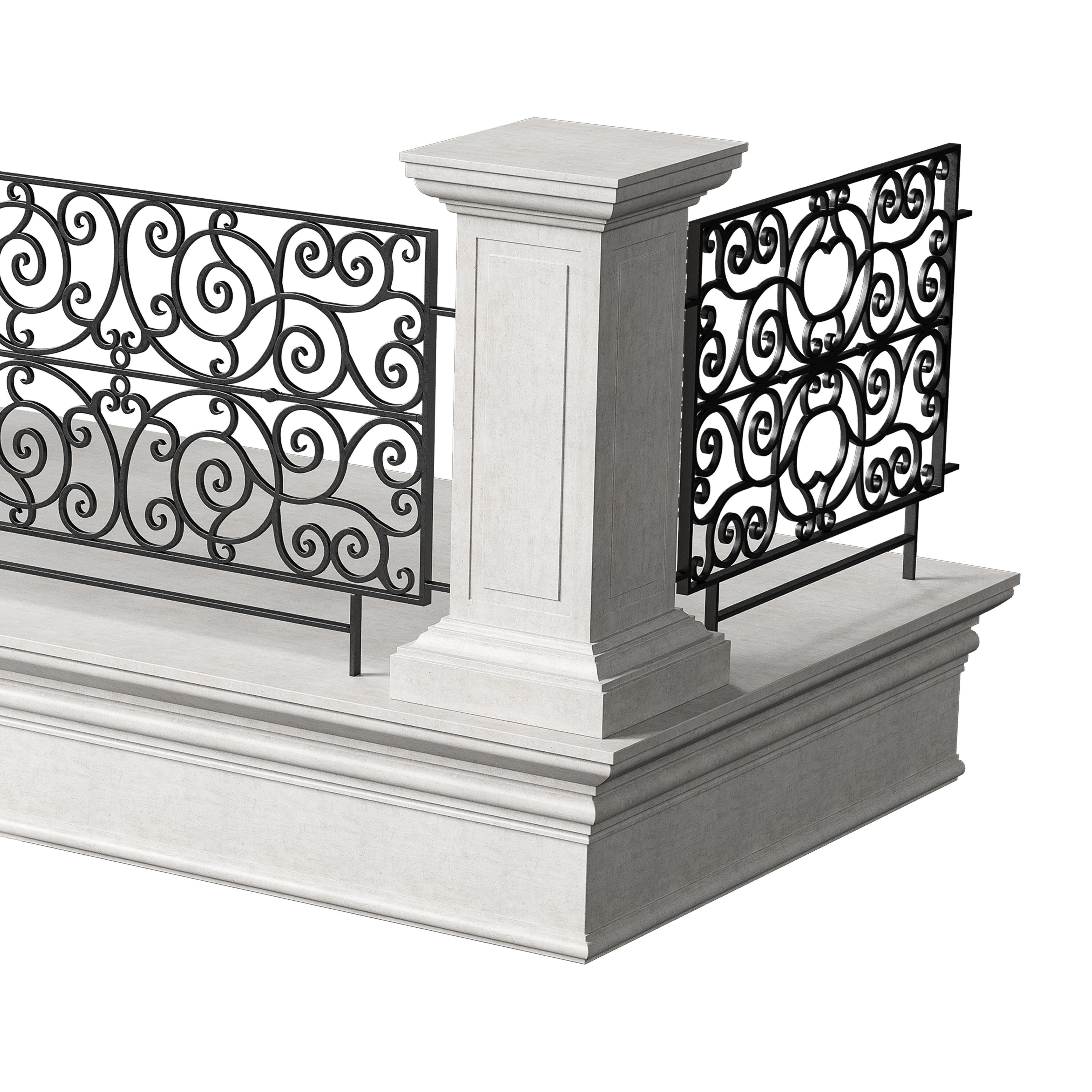 Classic Marble Balcony with Wrought Iron Railings 2 3D model_4