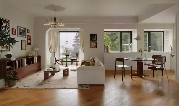 Mid-century Modern Style Living and Dining Room 3D model