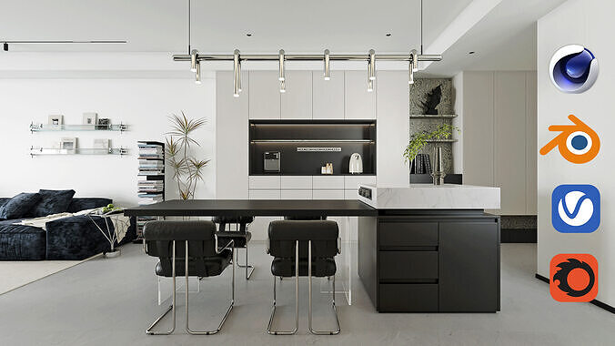Modern Minimalist Black and White Apartment Interior 053 3D model