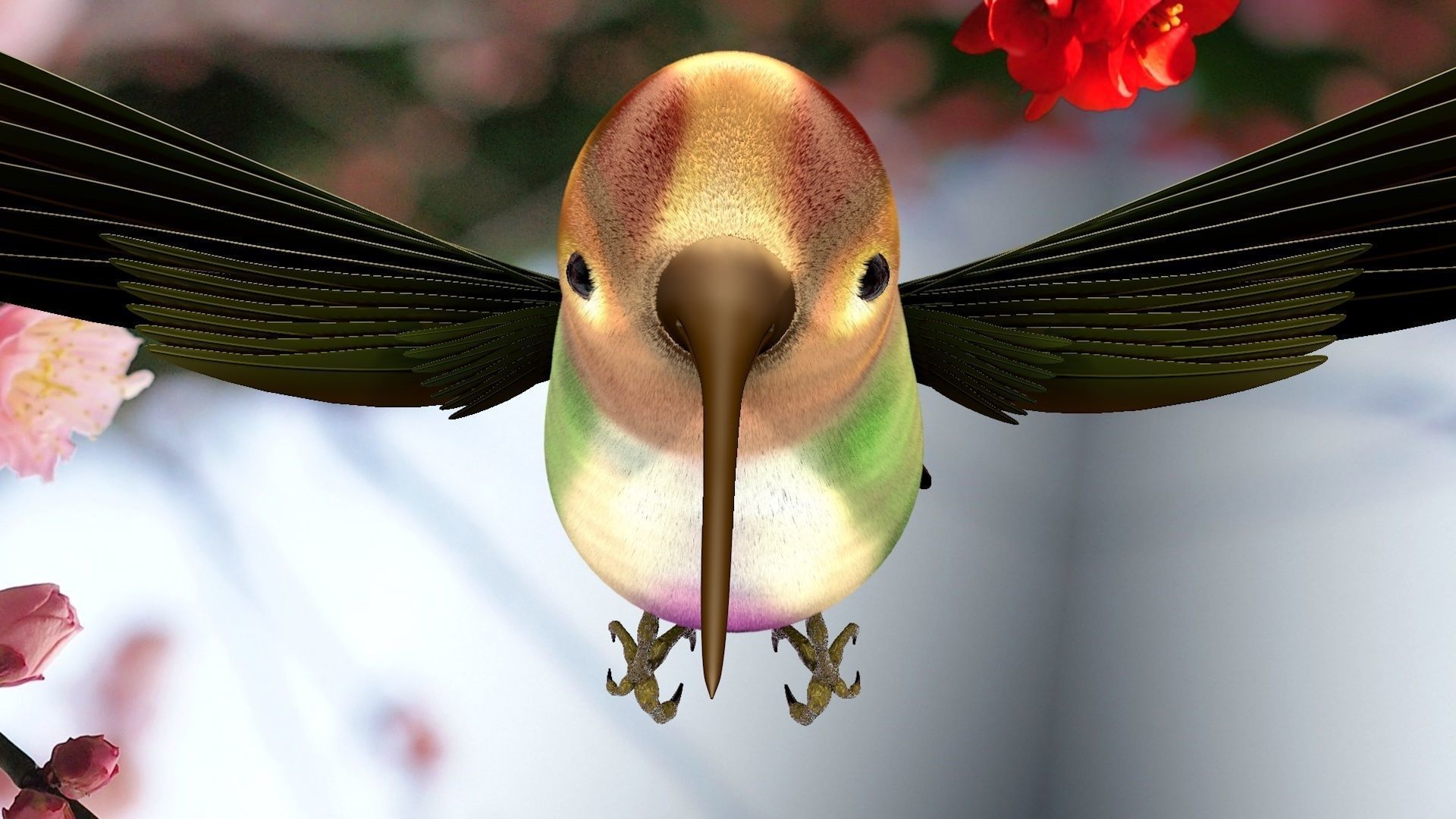 HummingBird flying in cherry blossoms 3D model_6