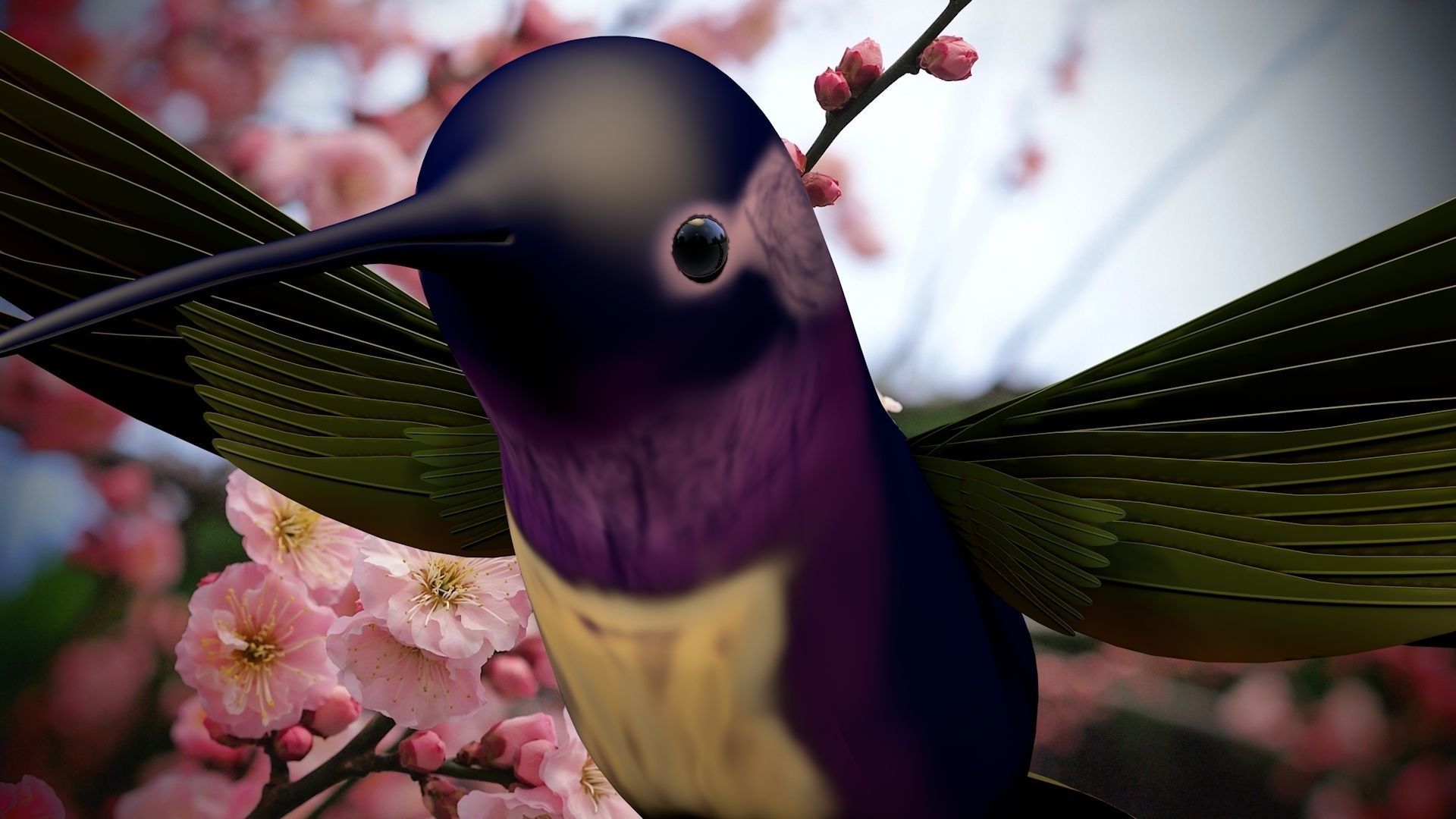 HummingBird flying in cherry blossoms 3D model_15