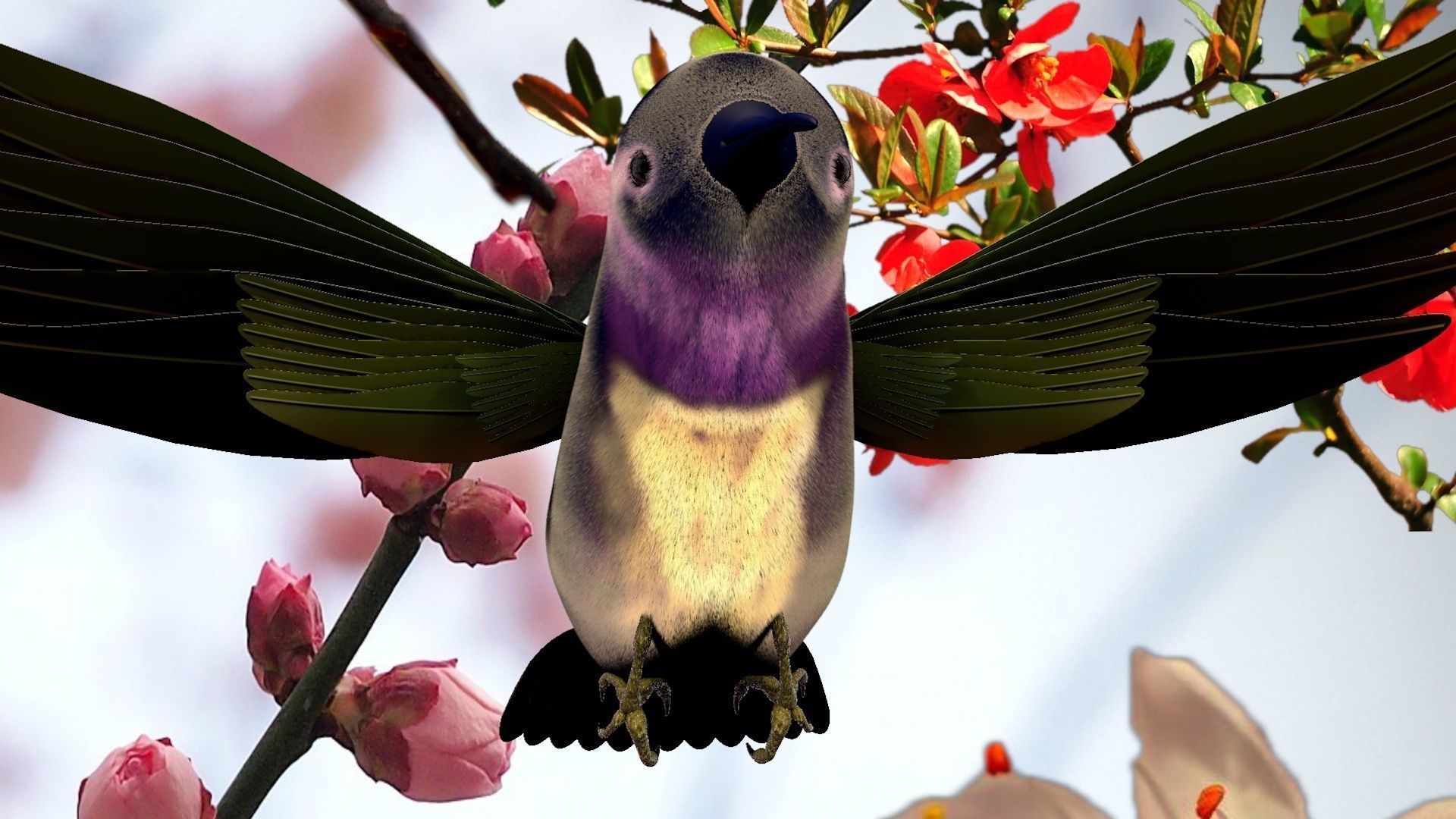 HummingBird flying in cherry blossoms 3D model_11