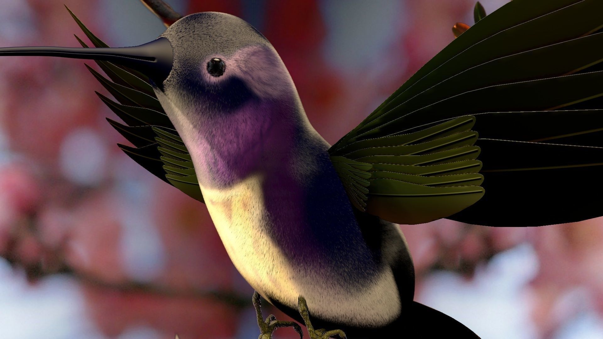 HummingBird flying in cherry blossoms 3D model_12