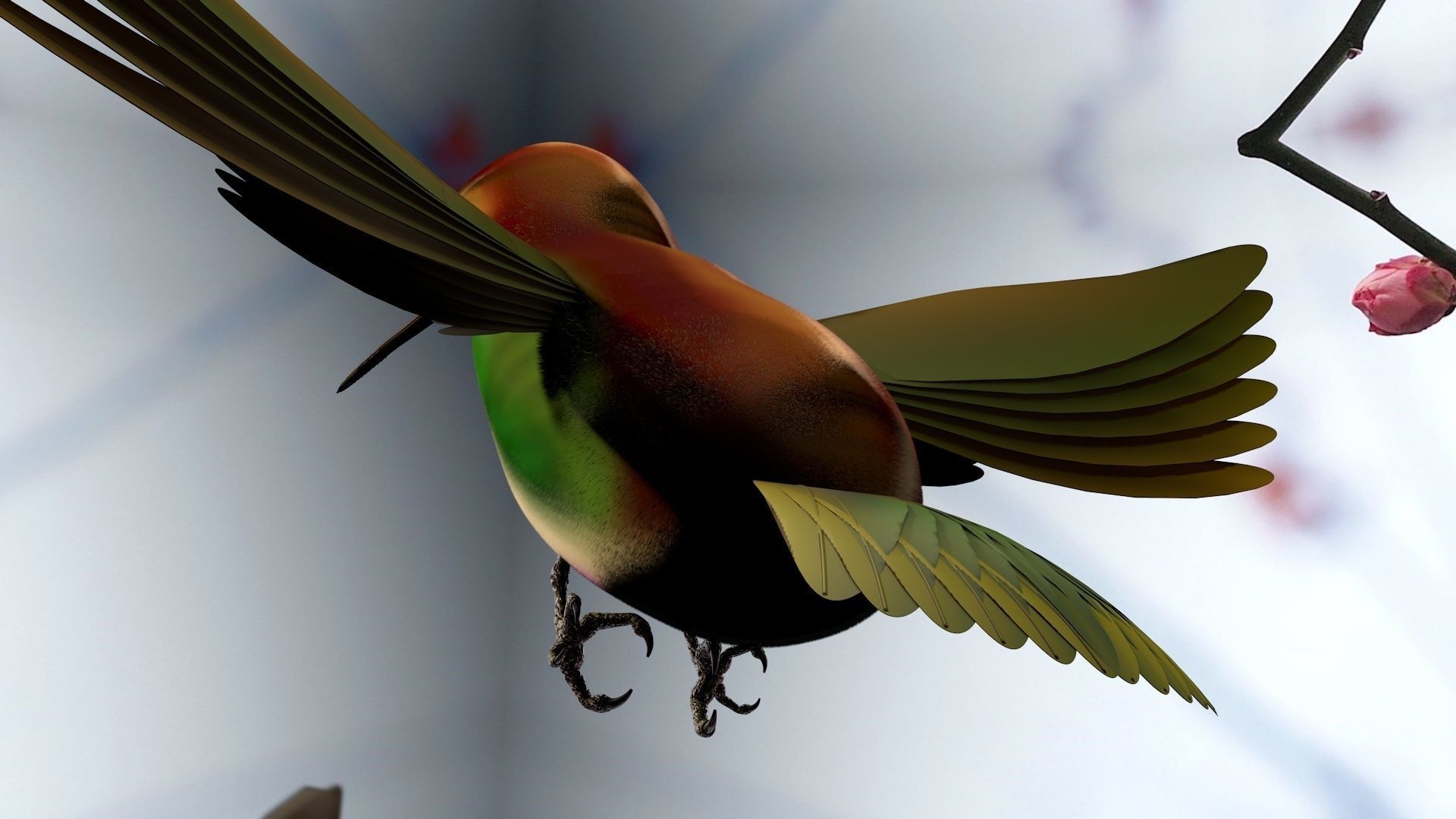 HummingBird flying in cherry blossoms 3D model_1