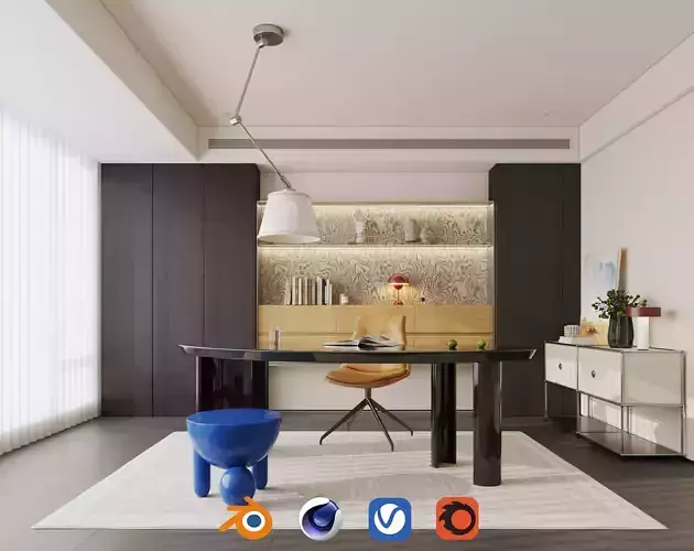 Modern Minimalist Home Office with Artistic Desk 057 3D model