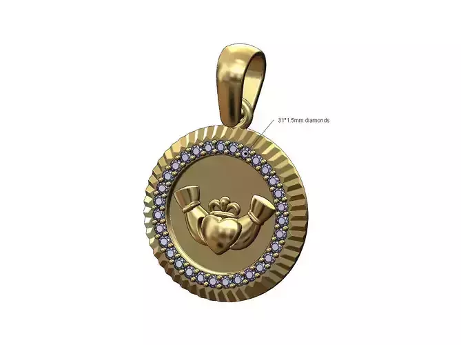 Diamond fluted bezel Claddagh heart crown pendant charm