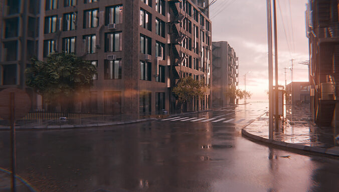 Rainy City Street Scene with Buildings and Inersections 3D model 7