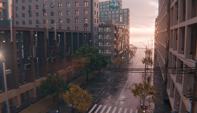 Rainy City Street Scene with Buildings and Inersections 3D model 5