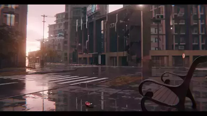  Rainy City Street Scene with Buildings and Inersections 3D model