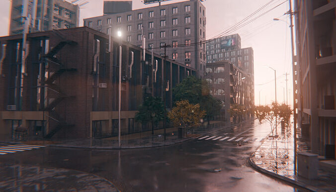 Rainy City Street Scene with Buildings and Inersections 3D model 3