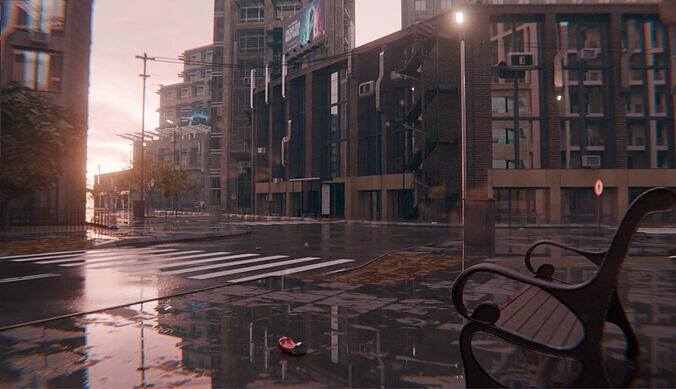 Rainy City Street Scene with Buildings and Inersections 3D model 2