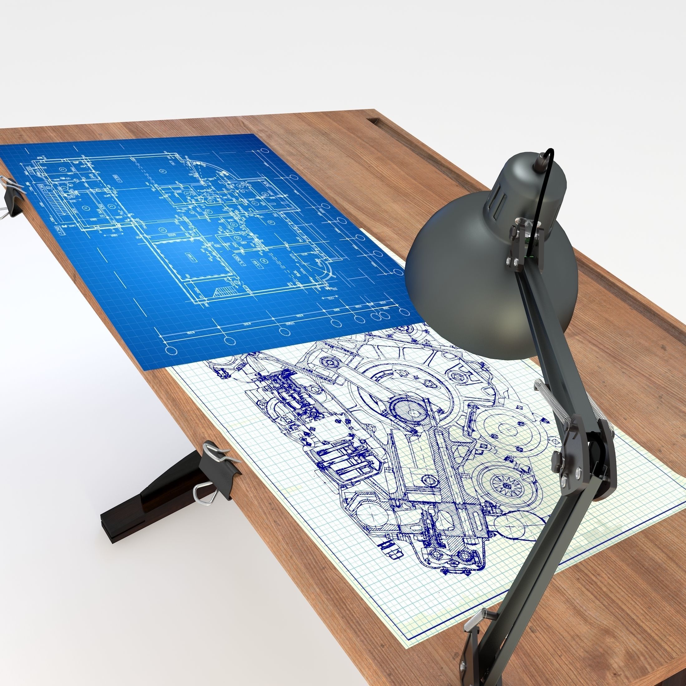 Blueprint Desk with Lamp 3D model_12