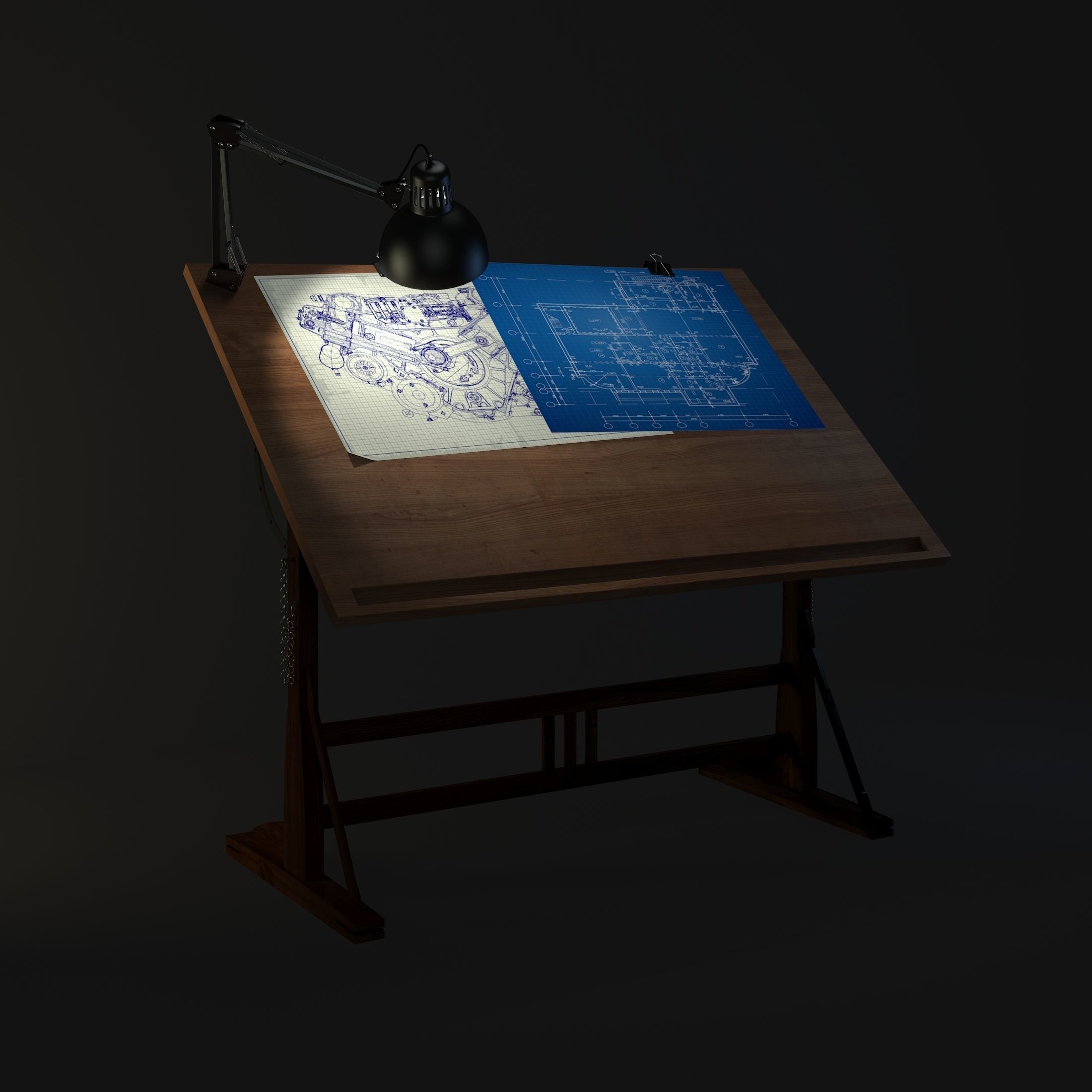 Blueprint Desk with Lamp 3D model_1