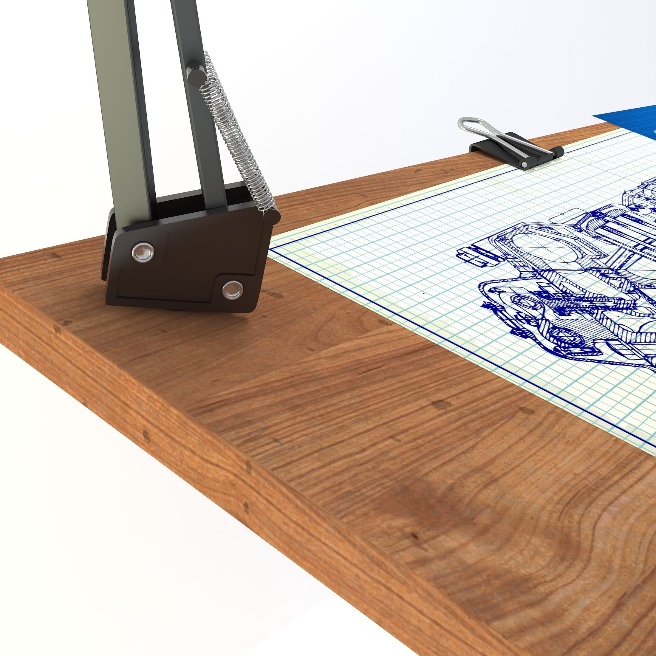 Blueprint Desk with Lamp 3D model_7