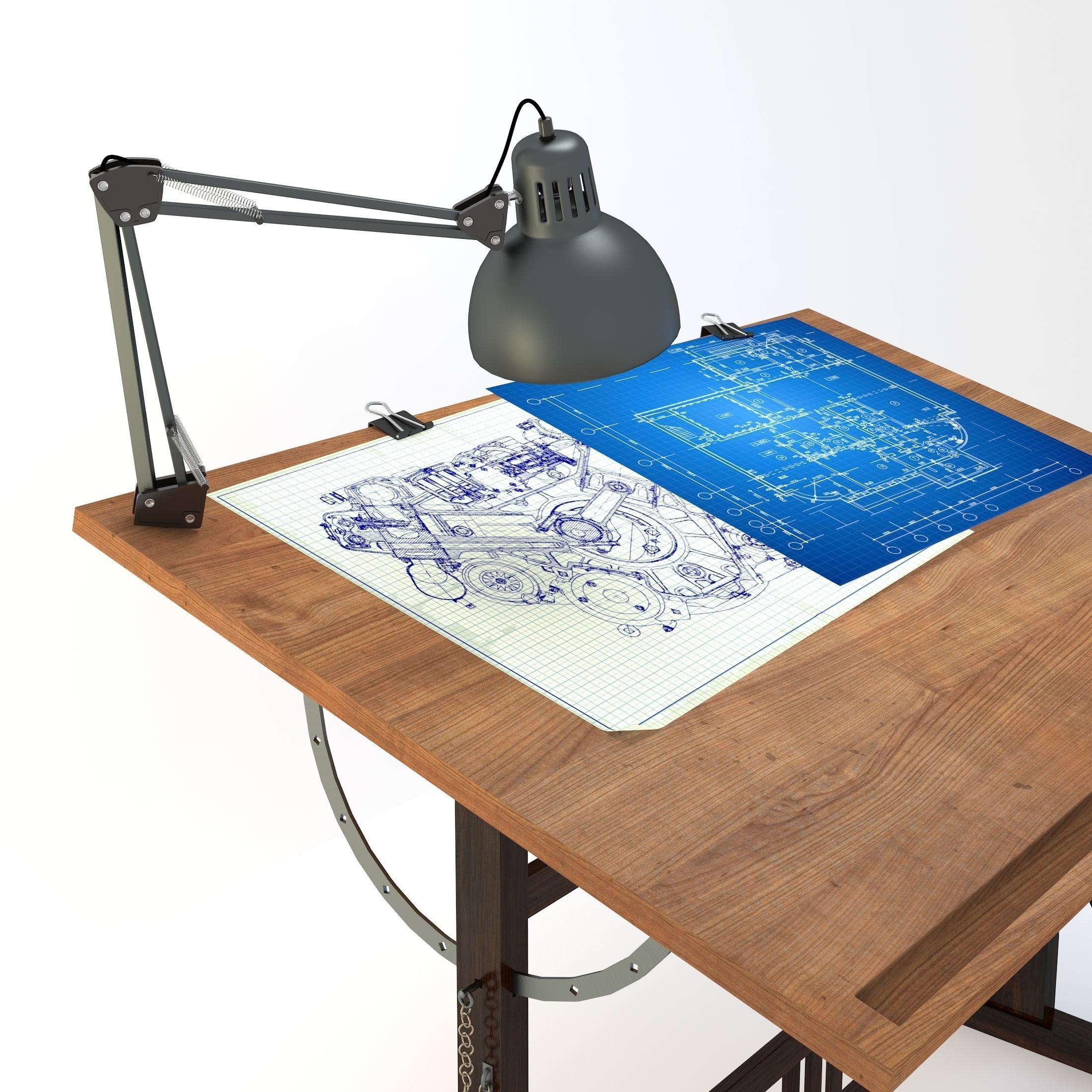 Blueprint Desk with Lamp 3D model_8