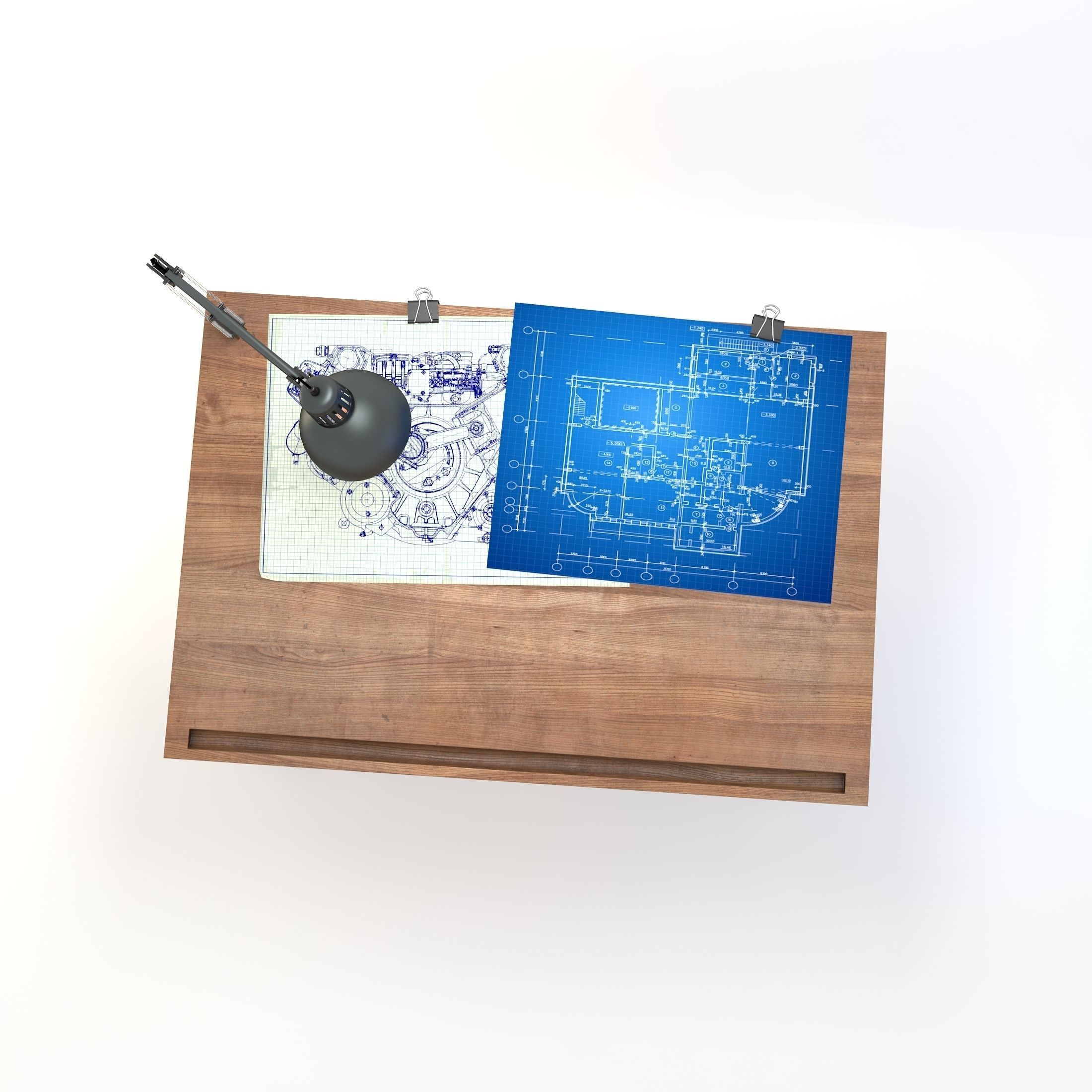 Blueprint Desk with Lamp 3D model_5