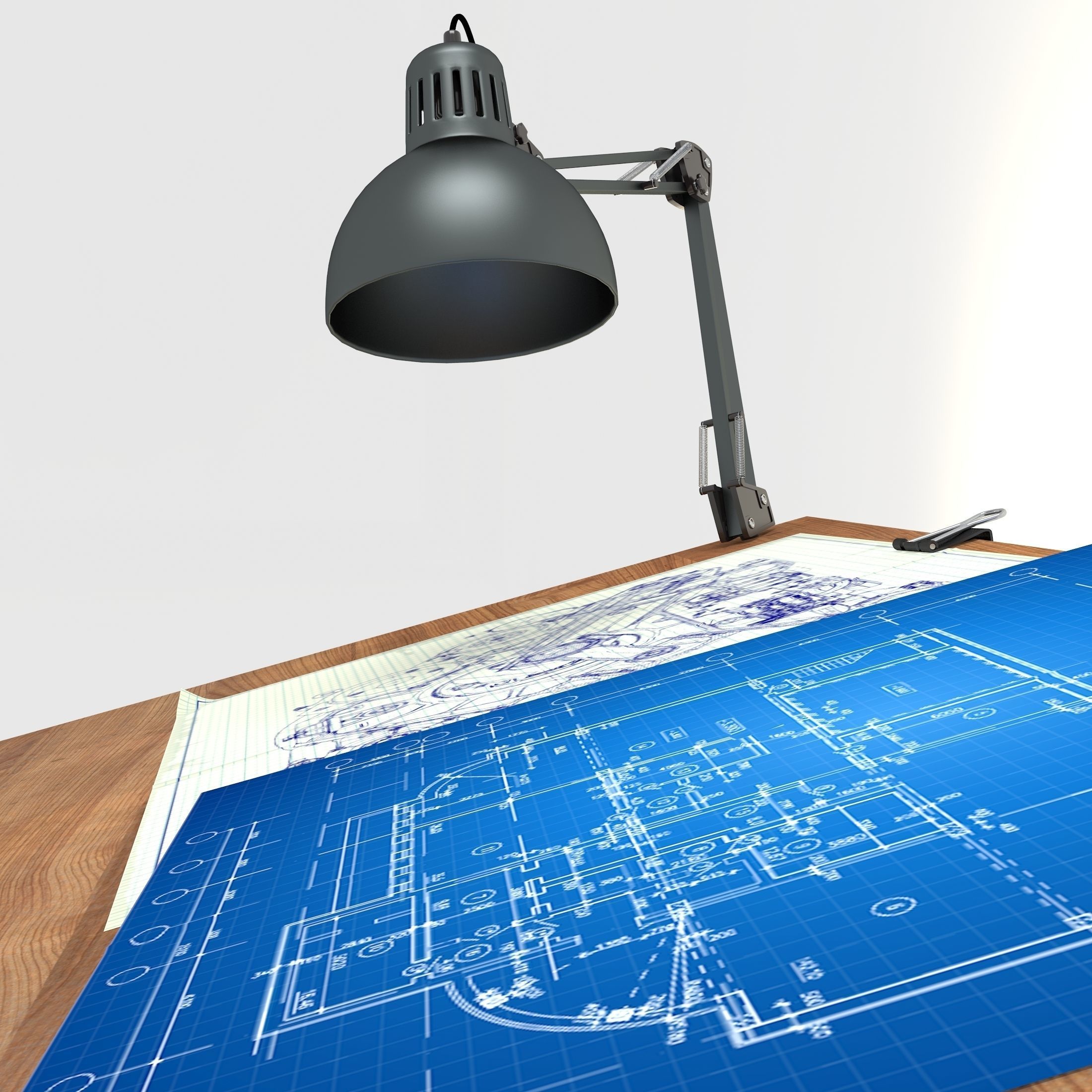 Blueprint Desk with Lamp 3D model_2