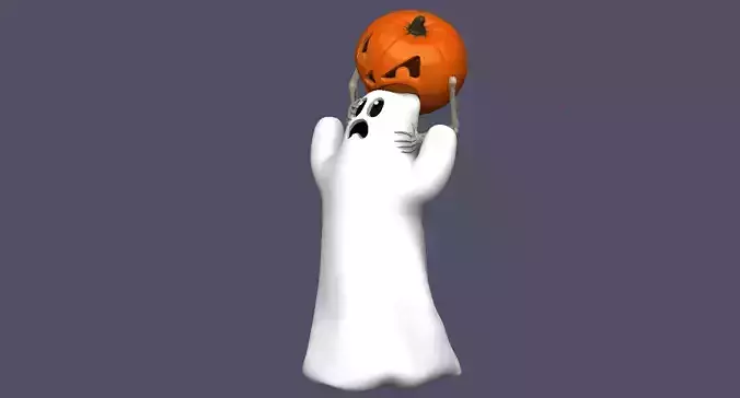 Halloween ghost being bitten by a pumpkin