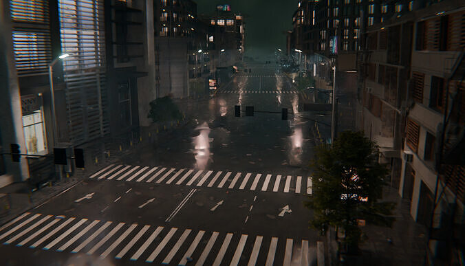 Night Street City Scene - Realistic Urban City Pack 3D model 7
