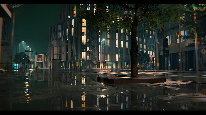 Night Street City Scene - Realistic Urban City Pack 3D model 2