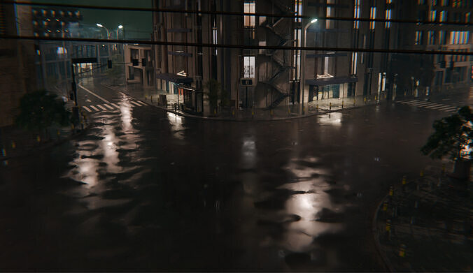 Night Street City Scene - Realistic Urban City Pack 3D model 6