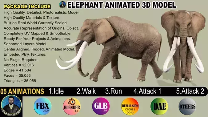 ELEPHANT RIGGED ANIMATED 5 Low-poly 3D model
