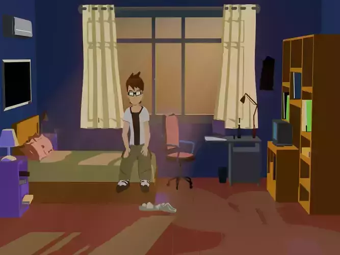 cartoon bedroom fully furnished and a charachter