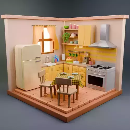 Isometric Kitchen Scene  Stylized Lowpoly 3D Model 