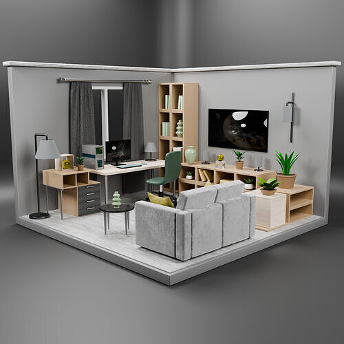 Isometric Room  Stylized Lowpoly 3D Interior Scene Low-poly 3D model