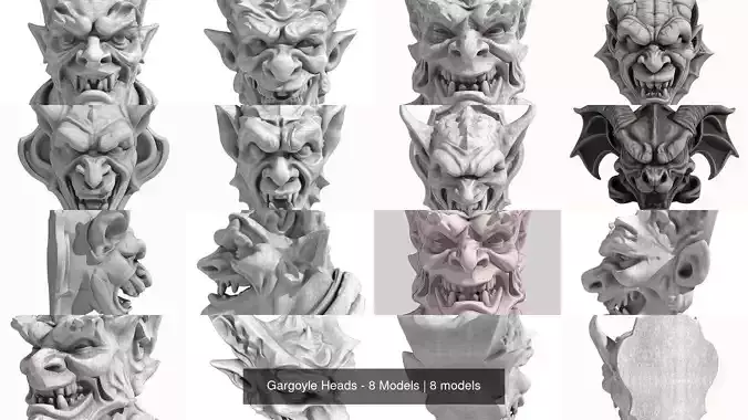 Gargoyle Heads - 8 Models 3D Model Collection