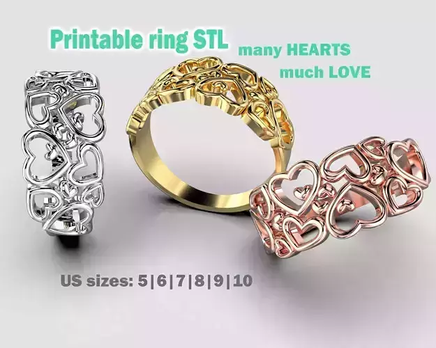 Printable ring many hearts much love STL for 3d printing 