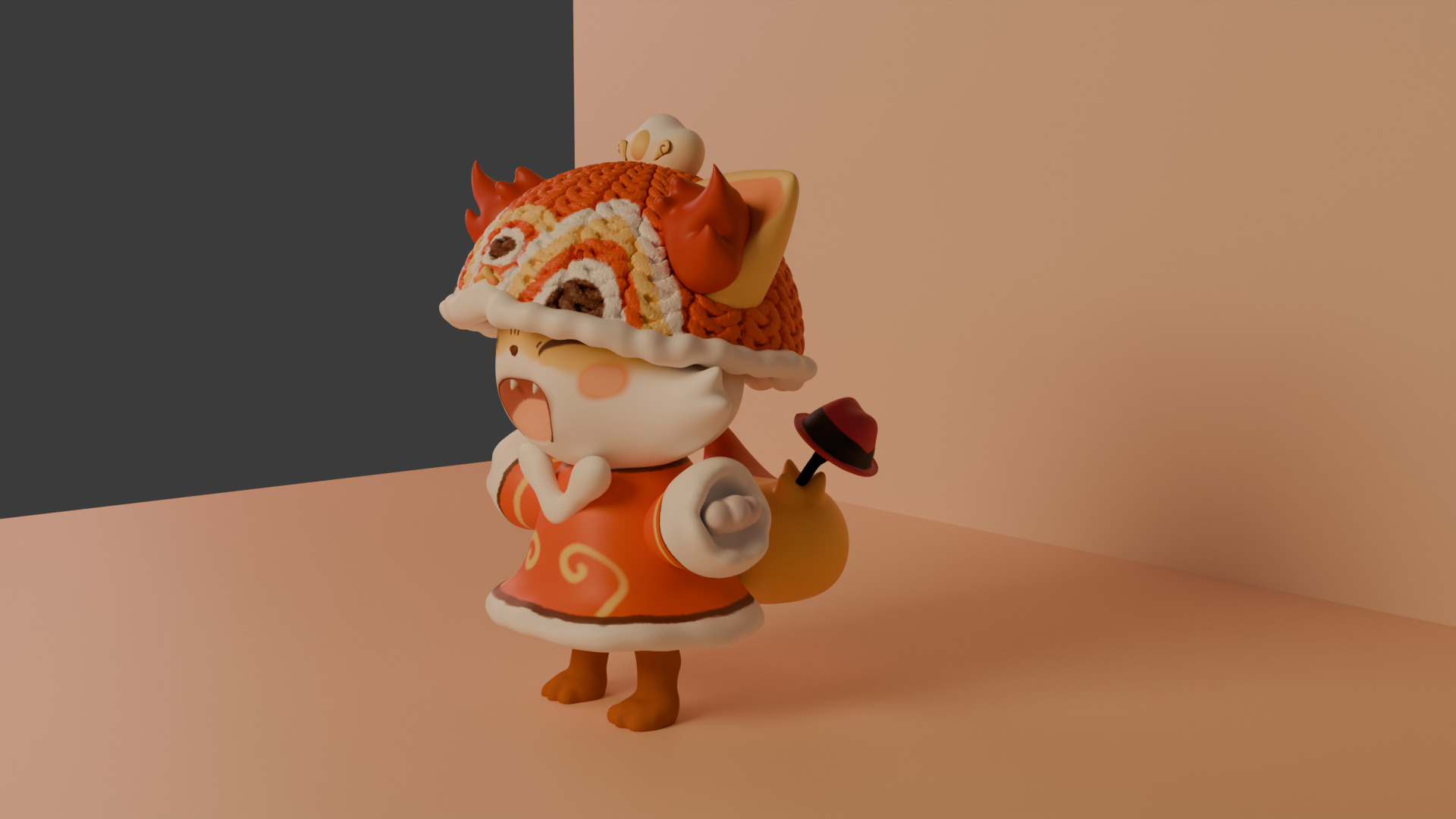 Knitted long-tailed fire fox 3D model_1