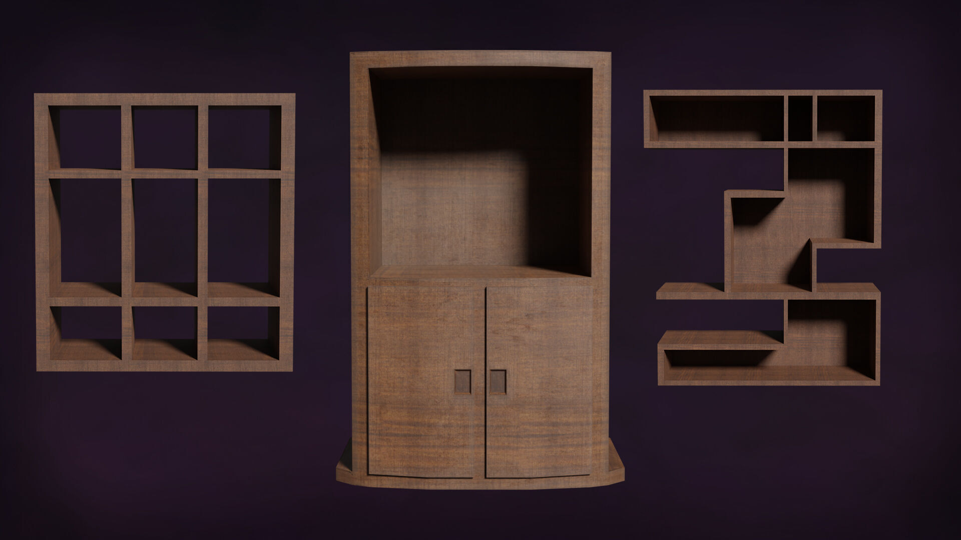 Deco BookShelfs Wood Style Scape Lignum Lot 2 Group N2- Low 3D model_1