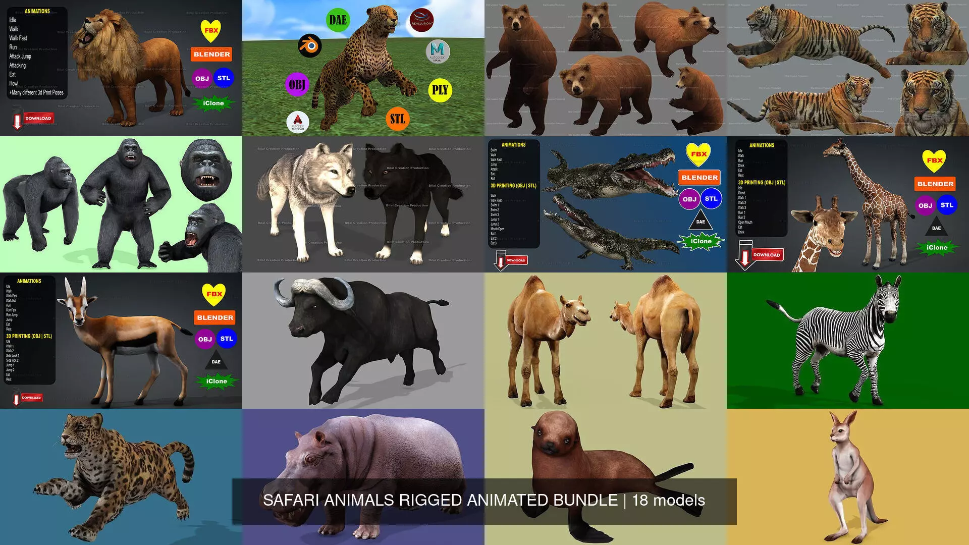 18 SAFARI ANIMALS RIGGED ANIMATED BUNDLE 3D Model Collection_0