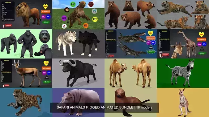 18 SAFARI ANIMALS RIGGED ANIMATED BUNDLE 3D Model Collection