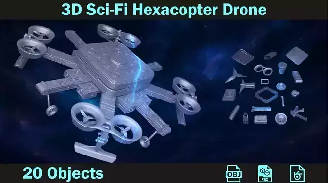 3D SciFi Hexacopter Drone Modular and Assembled 3D model