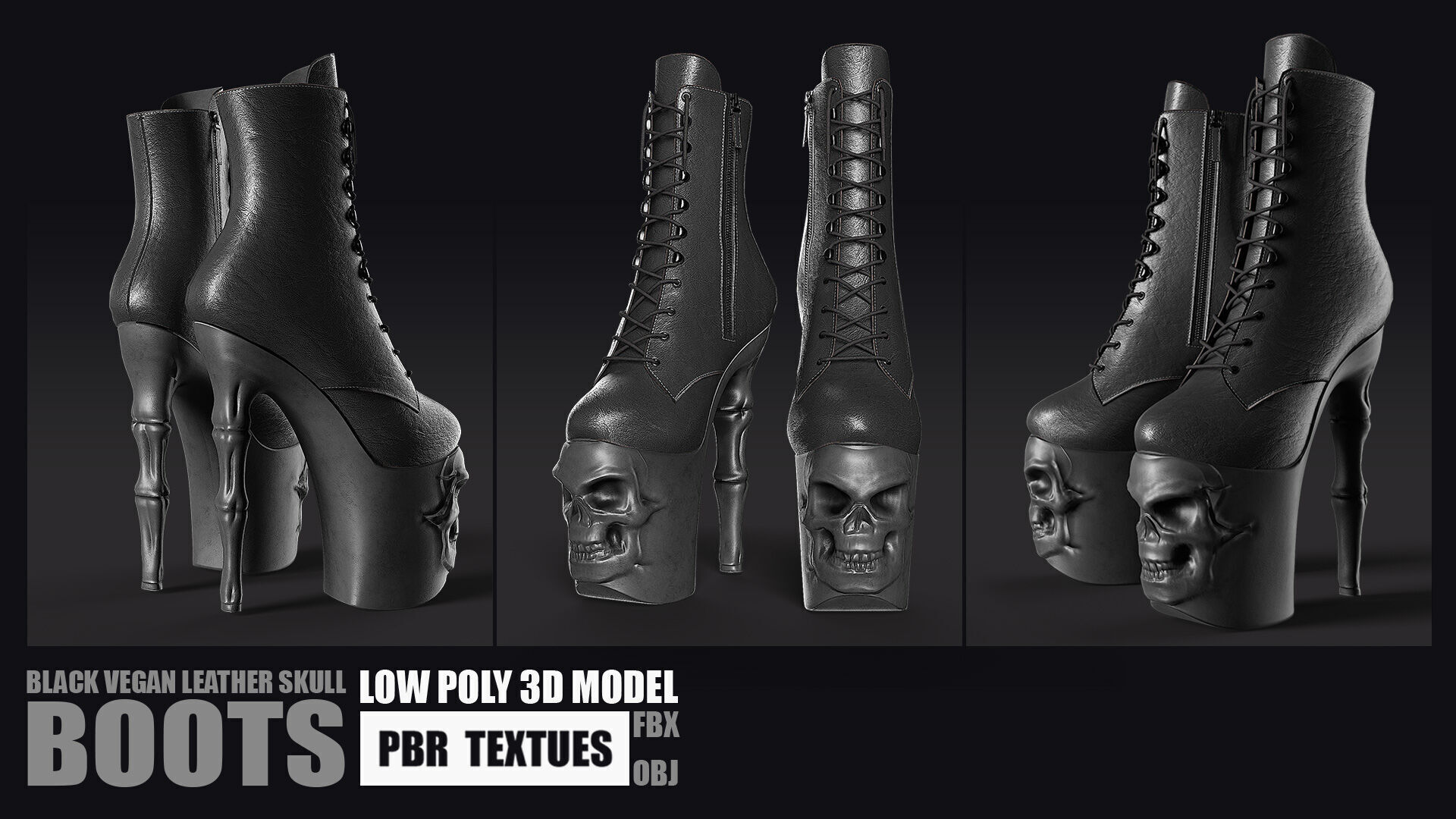 Black Vegan Leather Skull Boots - Low Poly PBR Textures Low-poly 3D model_3