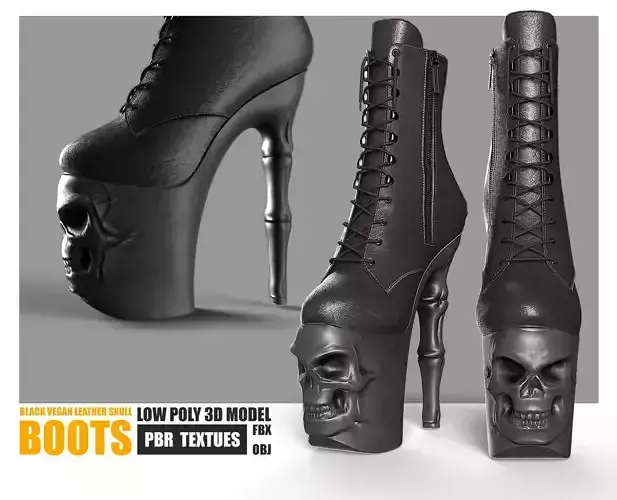 Black Vegan Leather Skull Boots - Low Poly PBR Textures