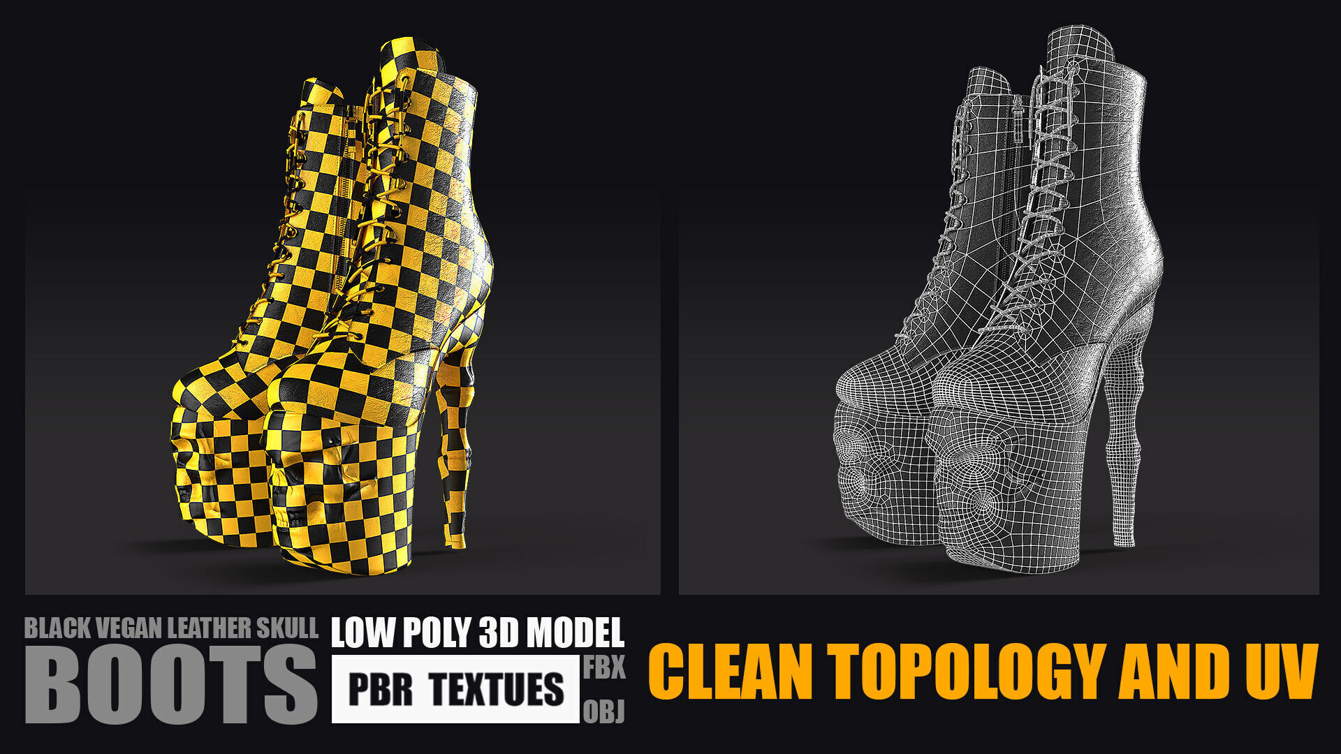 Black Vegan Leather Skull Boots - Low Poly PBR Textures Low-poly 3D model_4