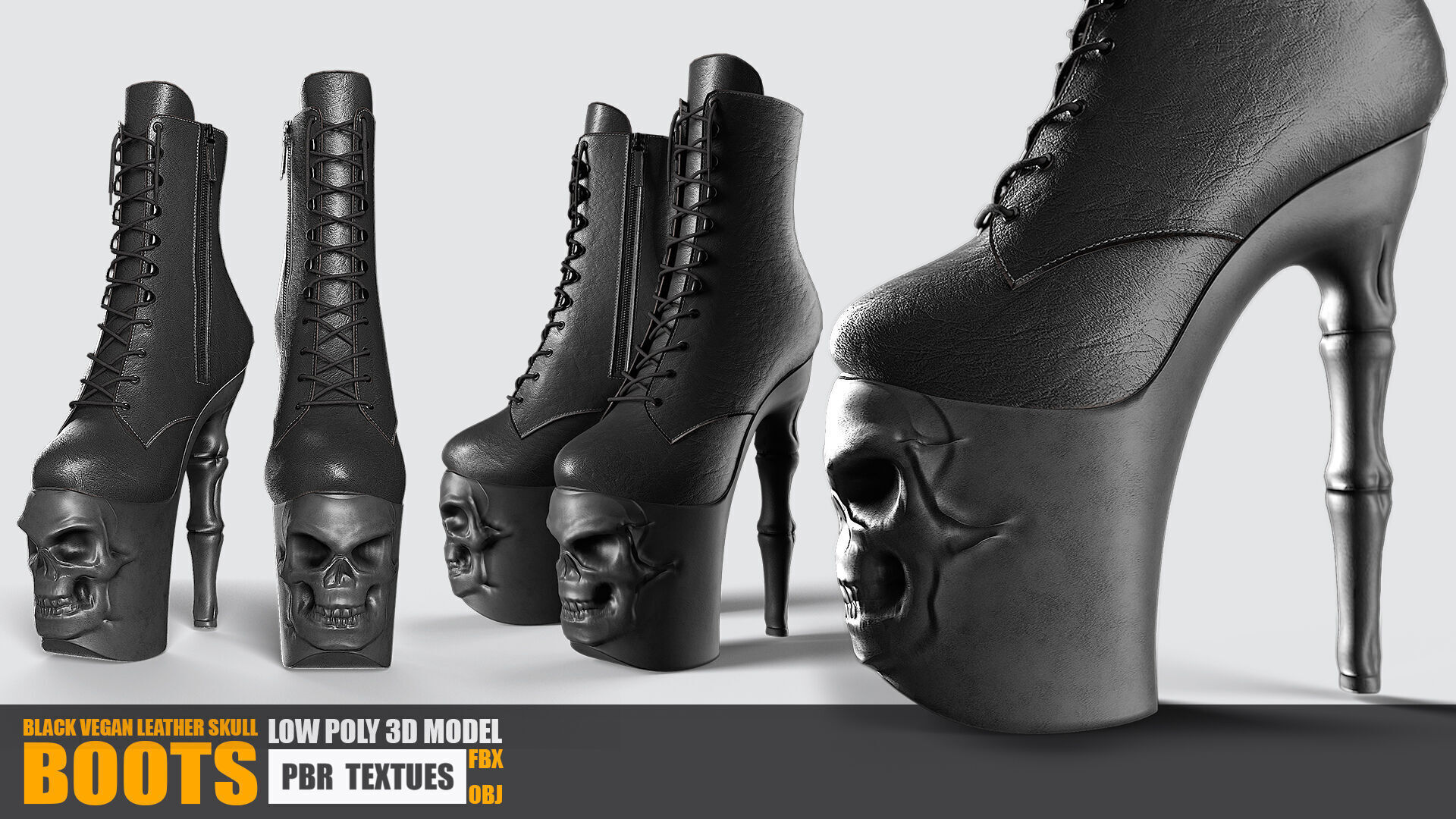 Black Vegan Leather Skull Boots - Low Poly PBR Textures Low-poly 3D model_2