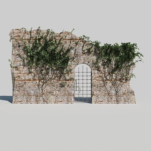 Rustic Stone Facade with Aged Metal Door and Foliage 3D model