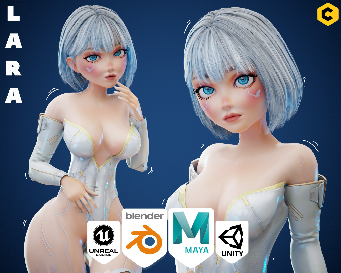 Game Sexy Scifi Stylized Girl Character rigged Lara Low-poly 3D model_1