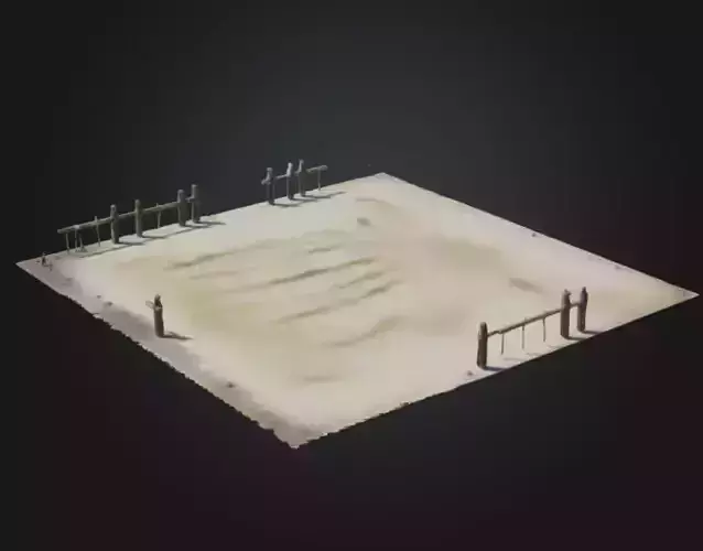 Sandy Yard with Broken Fences Low-Poly 3D Model
