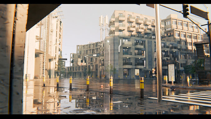 Modern Urban City - Morning wet street scene 3D model 2