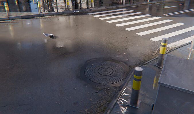 Modern Urban City - Morning wet street scene 3D model 6