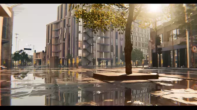 Modern Urban City - Morning wet street scene 3D model