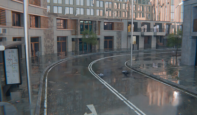 Modern Urban City - Morning wet street scene 3D model 5